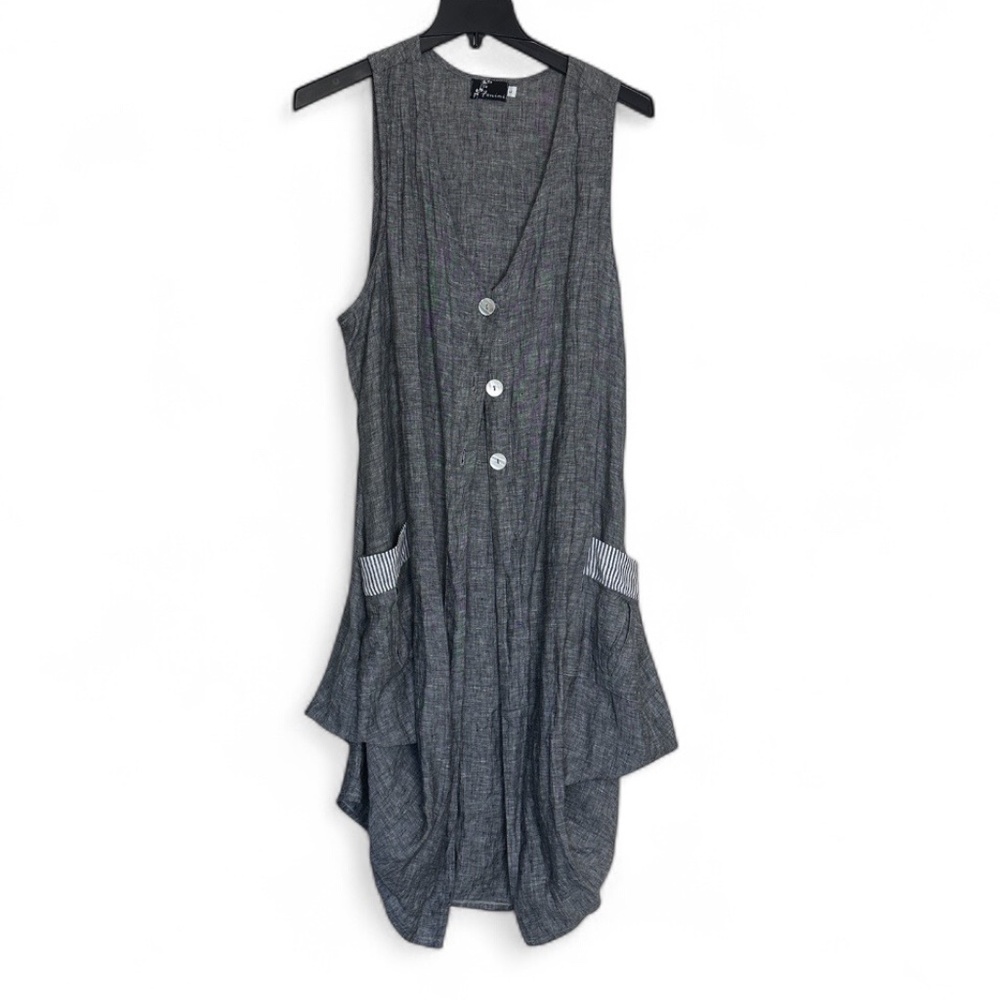 FENINI Women's 3/4-Length Gray & White 100% Linen Gathered or Loose Boho Vest, L